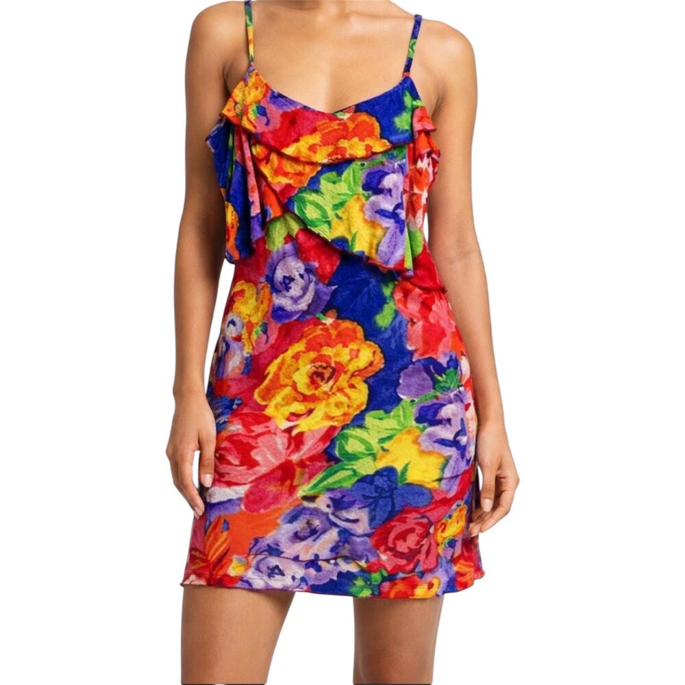 Vintage Jams World Floral Cami Dress Layered Drape Scoop Lettuce Hem Multi L